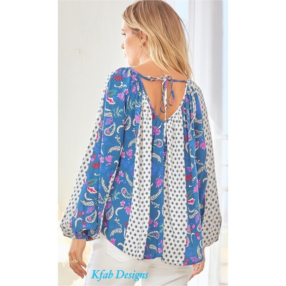 ❤️LAST 1! V Neck Ballon Sleeves Pattern Mix Back Tie Flowy Blouse! - Picture 5 of 8